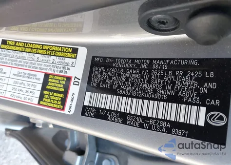 2019 Lexus Es 350 z USA, uszkodzony, nr VIN 58ABZ1B12KU049016